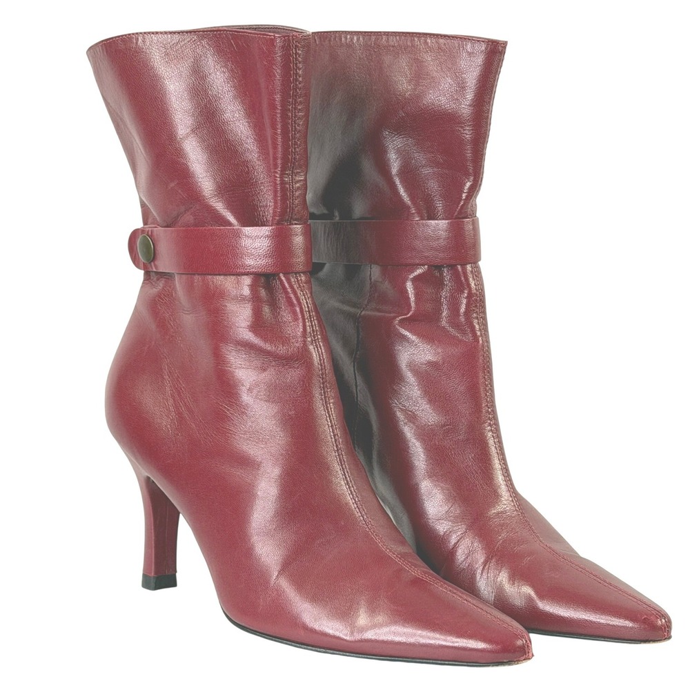 Antonio Melani Leather Boots 5.5 Red Pointed Toe Stiletto Chic Ankle Booties